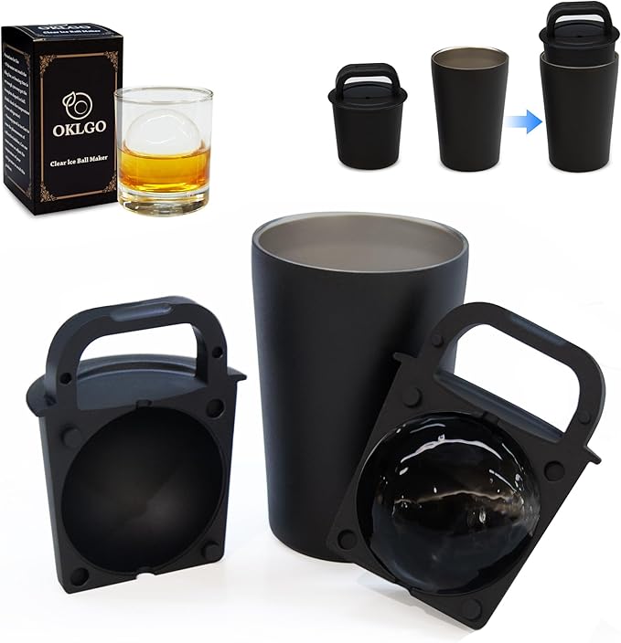 Clear Ice Cube Maker Tray – 2.5 Inch Large Round Ice Ball Mold, Stainless Steel & Silicone, Slow Melting Transparent Ice for Whiskey, Cocktails, and Home Bar Use (Black-2 Pack)