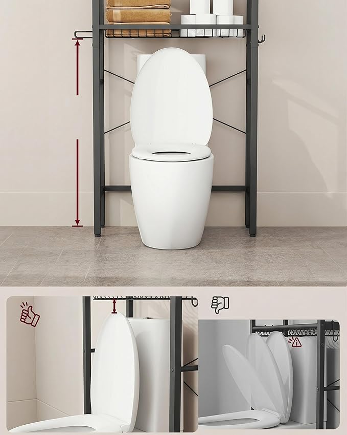 VASAGLE Over The Toilet Storage, Over Toilet Bathroom Organizer with Adjustable Shelves and Basket, 3 Hooks, Space Saving, 9.4 x 23.6 x 68.1 Inches, Ebony Black UBTS114BE01S