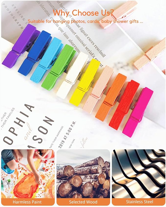 Mini Clothes Pins Wooden Colored Clothespins for Photo Baby Shower 1.4 Inch 50 PCS, Tiny Colorful Clips Small Rainbow Close Pin for Classroom Crafts Project Decorations Hanging Pegs