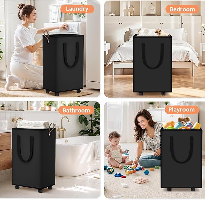 Laundry Basket with Wheels, Collapsible Laundry Baskets, Laundry Hamper with Handles Detachable Wheels, Rolling Laundry Basket, Dirty Clothes Hamper for Bathroom, Dorm, Bedroom, Black, 100L