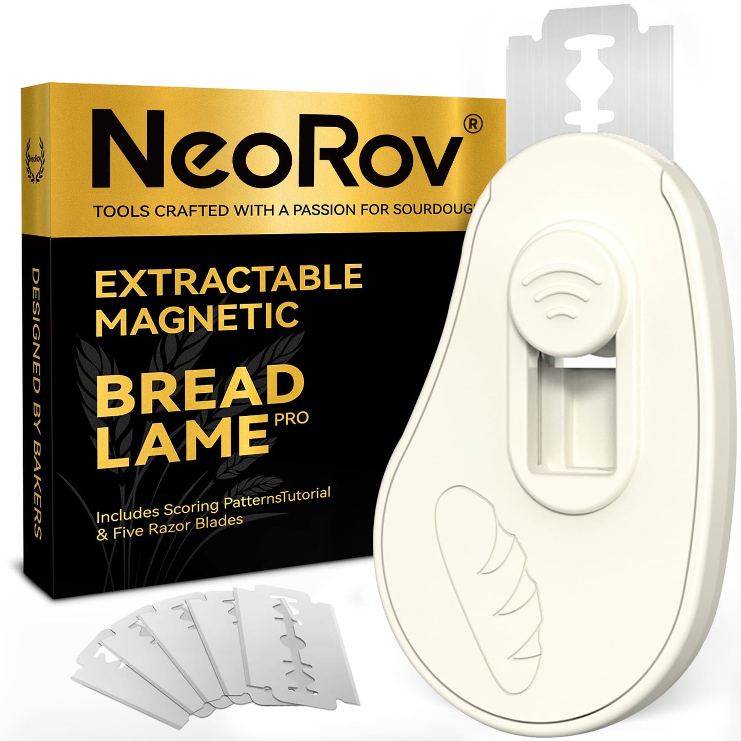 NeoRov Extractable & Magnetic Bread Lame Dough Scoring Tool - Professional Sourdough Scoring Tool - Sourdough Bread Baking & Bread Scoring Tool - Scoring Patterns booklet & 5 Razor Blades (Black)