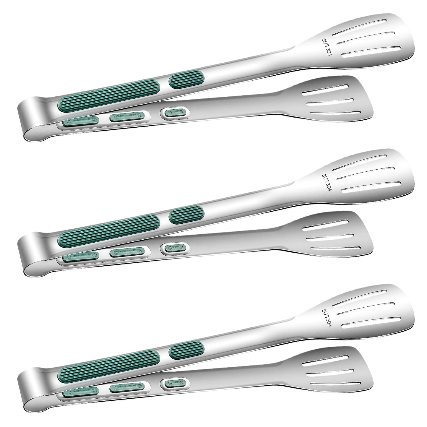 Stainless Steel Kitchen Tong Set - Anti-Slip Heat-Resistant Grip, Widened 3-Line Slotted Heads for Easy Clamping (Steaks, BBQ, Pasta, Salads), Easy Clean for Versatile Use Set of 3-9", Silver