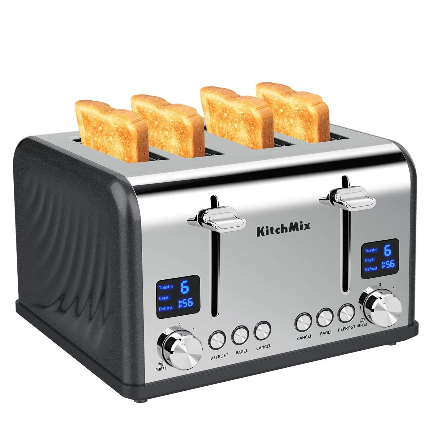Toaster 4 Slice, KitchMix Bagel Stainless Toaster with LCD Timer, Extra Wide Slots, Dual Screen, Removal Crumb Tray (White)