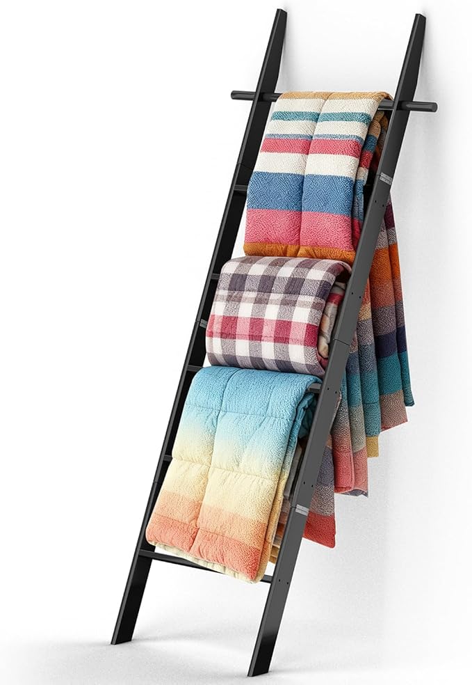 Farmhouse 6 Ft Wooden Blanket Ladder with Removable Hooks, 6-Tier Rustic Blanket Rack Decorative Stand, Leaning Towel Quilt Display Holder Storage for Bathroom Living Room Decor Black
