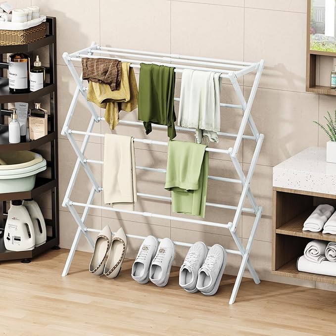 Foldable Drying Rack Clothing, 3-Tier Portable Clothes Drying Racks for Indoor & Outdoor, Anti-Rust Compact Laundry Rack Collapsible, White 29" D x 14" W x 41" H