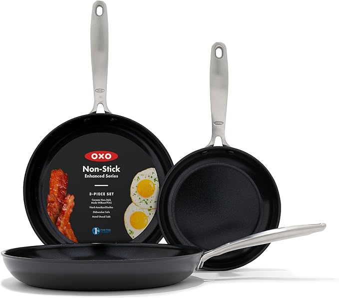 OXO Enhanced 8" and 10" Frying Pan Skillet Set, Healthy Ceramic Nonstick, PFAS-Free, Stainless Steel Handle, Dishwasher Safe, Oven Safe, Black