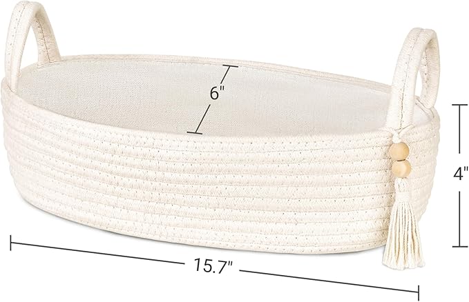 Mkono Small Storage Basket for Toilet Tank Top Boho Bathroom Decor Woven Rope Toilet Paper Tray Organizer for Shelf Bedroom Living Room, White, 1 Pack, 15.7" L x 6" W