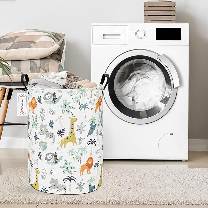 QUEENLALA Large Storage Basket,Laundry Hamper/Bathroom/Home Decor/Collapsible Round Storage Bin,Boys and Girls Hamper/Boxes/Clothing(Round-Animal)