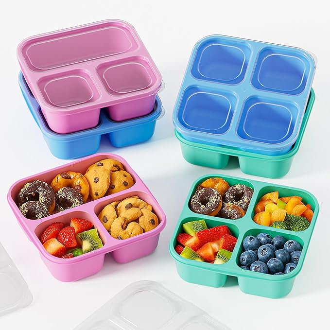 Canfanni 6 Pcs Snack Box Container Set, Reusable 3&4 Compartment Meal Prep Snack Containers for Adults Kids Toddler, BPA-Free Divided Lunchable Container for School, Work and Travel (5 Color)