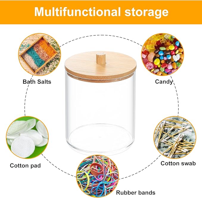 2 Pcs Qtip Holder, Cotton Pads Balls Dispenser Holders, Clear Cotton Swab Makeup Canister, Apothecary Jar Holder Organizer with Bamboo Lid for Bathroom Tabletop Vanity Makeup Storage Box