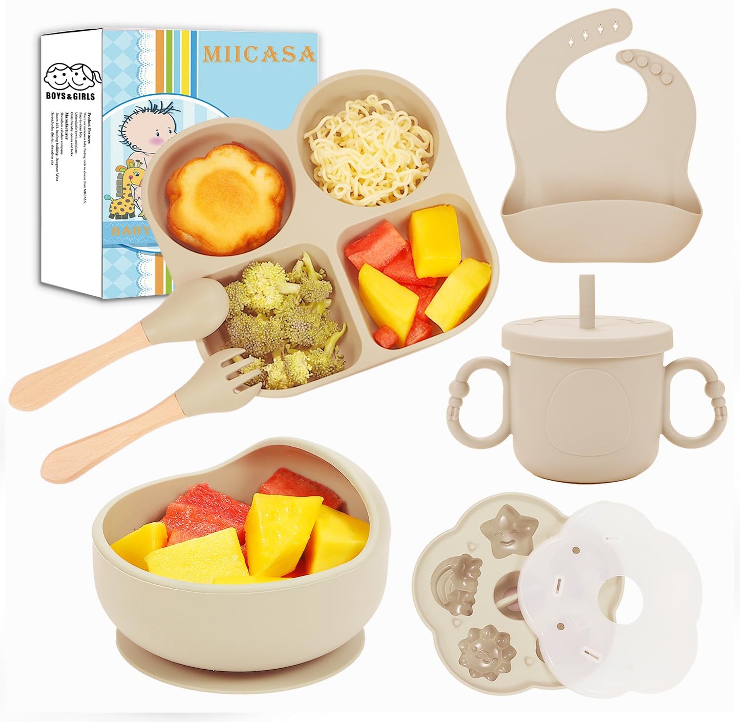 MIICASA Silicone Feeding Set, Led Weaning Supplies, Food Tableware Suction Plate, Bowl, Spoons, Fork, Waterproof Bib, Cup & Complementary Food Cake Mold, Baby Eating Utensils