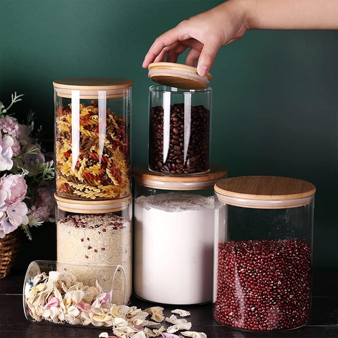 Tzerotone Glass flour Jars with Airtight Lids, 6 Pack Sugar and Flour Salt Containers Set, Extra Large Glass Rice Jar with Bamboo lid for Kitchen, Brown Suger, Beans, Groub Coffee (100OZ/54OZ/27OZ)