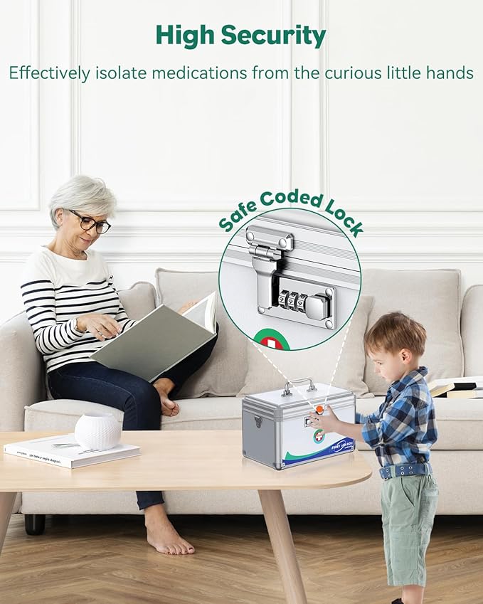 Uniclife Medicine Lock Box First Aid Box with Combination Lock, Handle & Shoulder Strap, Portable Medication Lock Box, 12" x 7" x 7.5" Silver Aluminum Alloy Storage Box