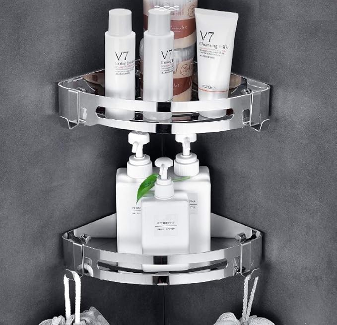 NearMoon Bathroom Corner Shelf Shower Caddy 2 Pack, No Drill 304 Stainless Steel Shower Organizer with 2 Hooks (Chrome)