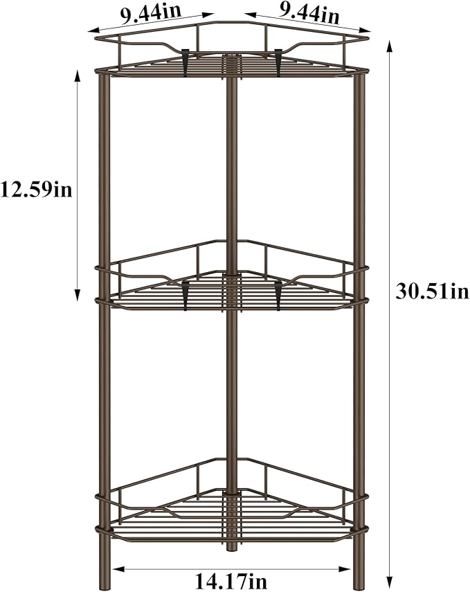 3 Tier Floor Standing Corner Shower Caddy Organizer Shelf with Hooks, Bathroom Shelves Stand Rack, Bronze