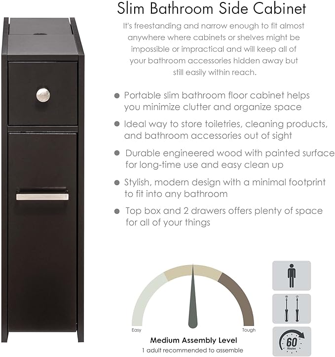 Spirich Slim Bathroom Storage Cabinet, Free Standing Toilet Paper Holder, Bathroom Cabinet Slide Out Drawer, Espresso