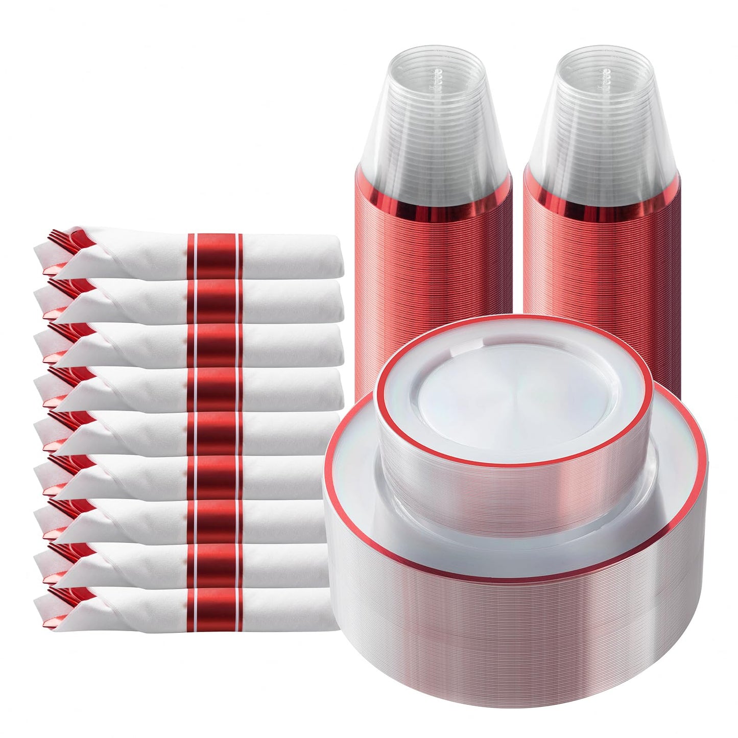 Goodluck 175 Pcs Clear Red Plastic Dinnerware Sets for Party for 25 Guests