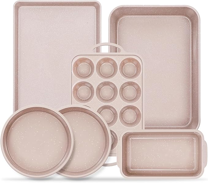 Vinino 8-Piece Baking Pans Set Nonstick, Bakeware Set includes Silicone Muffin, Loaf, Cake Pans with Metal Reinforced Frame, and Carbon Steel Roasting Pan, Cookie Sheet, Cooling rack for Oven