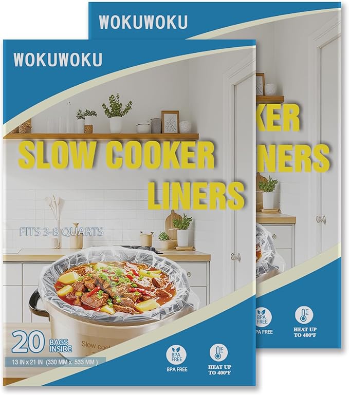 WOKUWOKU Slow Cooker Liners, 13“ x 21” 20 Cooking Bags, Large Disposable Pot Liners, Fits 3QT to 8QT Slow Cooker Cooking Plates, Multi-Purpose Durable Liner Plastic Bags, BPA Free (1 Pack)