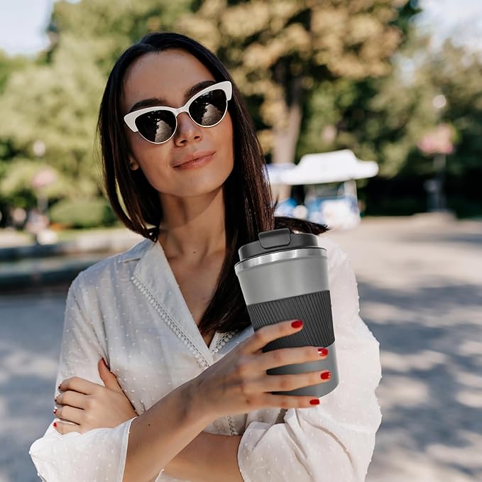 Vacuum-Insulated Stainless Steel Travel Coffee Mug, Leak-Proof Reusable Coffee Cup with Lid-Keeps Drinks Hot & Cold for Hours, Durable Double Wall Tumbler for Men & Women (3rd-Grey, 12OZ)