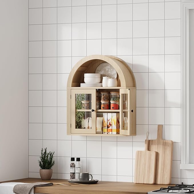 ChooChoo Arched Wall Cabinet with Acrylic Doors, Bathroom Cabinet Wall Mount Over The Toilet with Display Shelf, Wooden Storage Cabinet for Kitchen, Living Room or Entryway, Natural