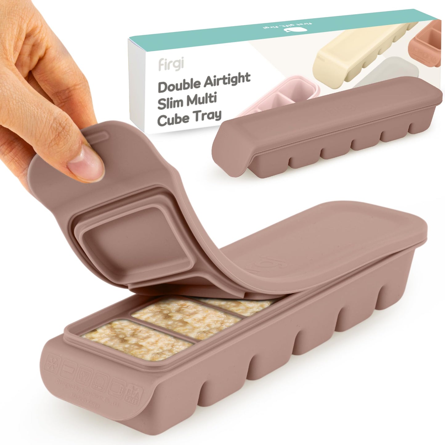 Firgi 1.7 oz/4 Sections Silicone Ice Cube Freezer Tray with Lid, 100% Food-Grade Platinum Silicone,Leak Resistance & Dishwasher Safe for Baby Food Prep,Breast Milk,Purees - Korean Made, Brown