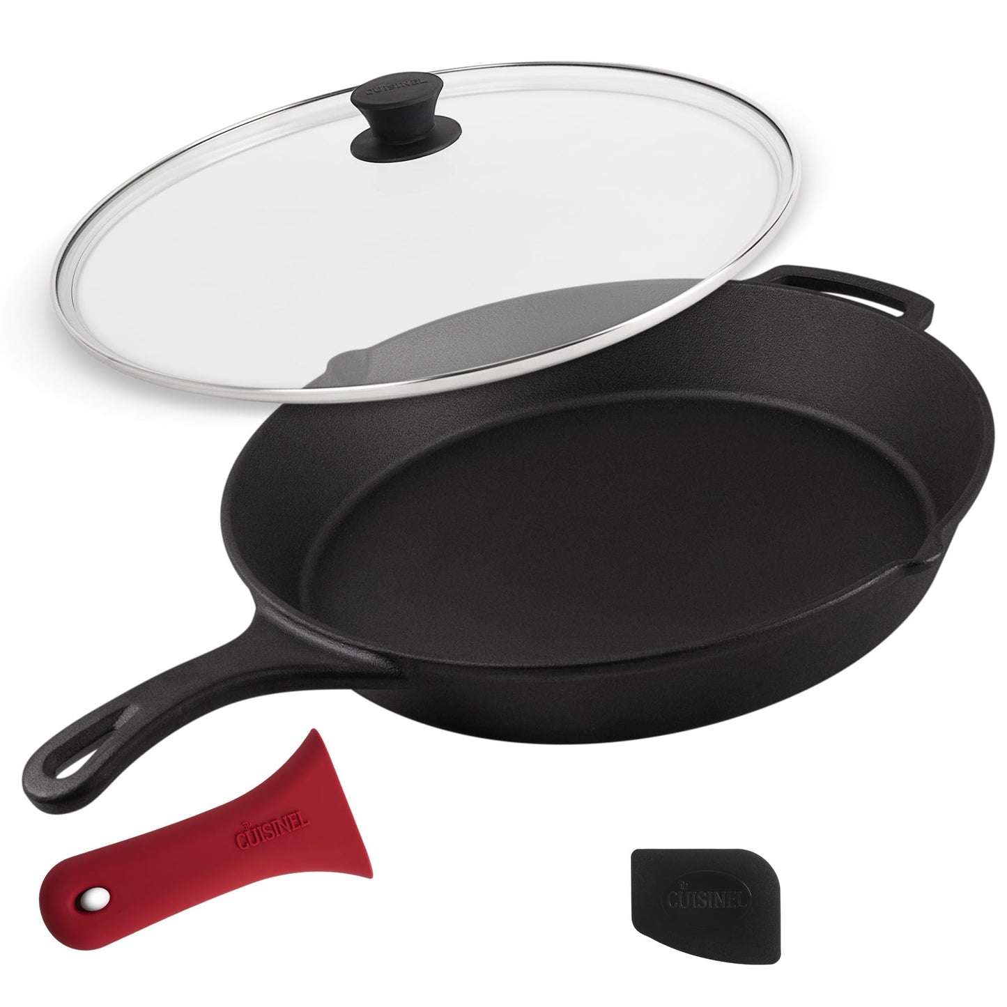 Cuisinel Cast Iron Skillet Set - 10" + 12" Frying Pan + Glass Lids + 2 Handle Cover Grips - Pre-Seasoned Oven Cookware - Indoor/Outdoor Use - Grill, Stovetop, Induction, BBQ, Camping, Fire Use
