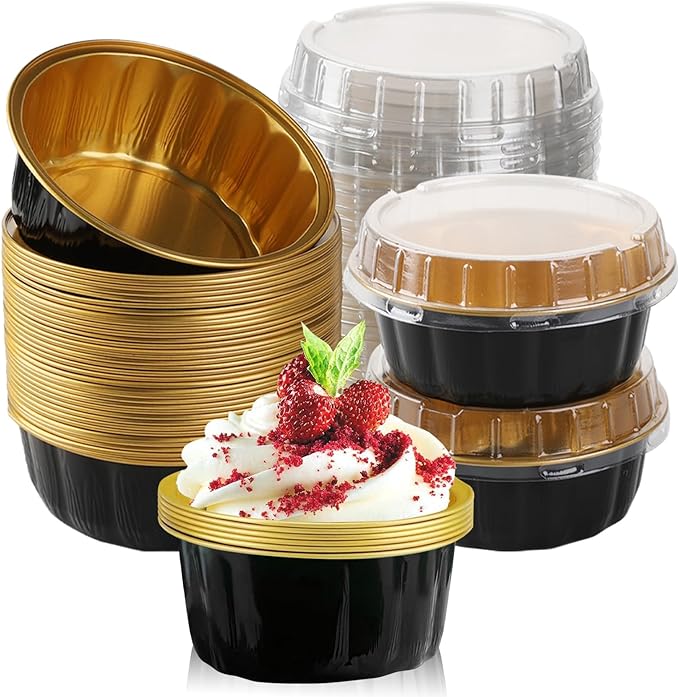 100 Pcs 5 oz Aluminum Foil Cup with Lids Disposable Ramekins with Lids Disposable Ramekin Baking Cups Foil Cupcake Containers for Wedding, Christmas, Kitchen, Party (Caramel, 5 oz)