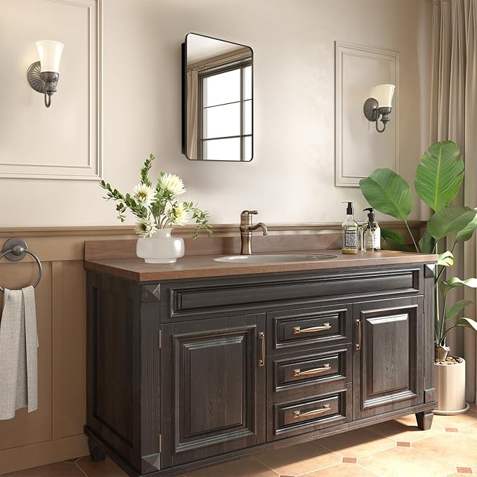 Medicine Cabinet with Mirror, 16x24 Fully Assembled Recessed or Wall-Mounted Bathroom Mirrored Cabinet with Adjustable Storage Shelves for Vanity, Metal, Black