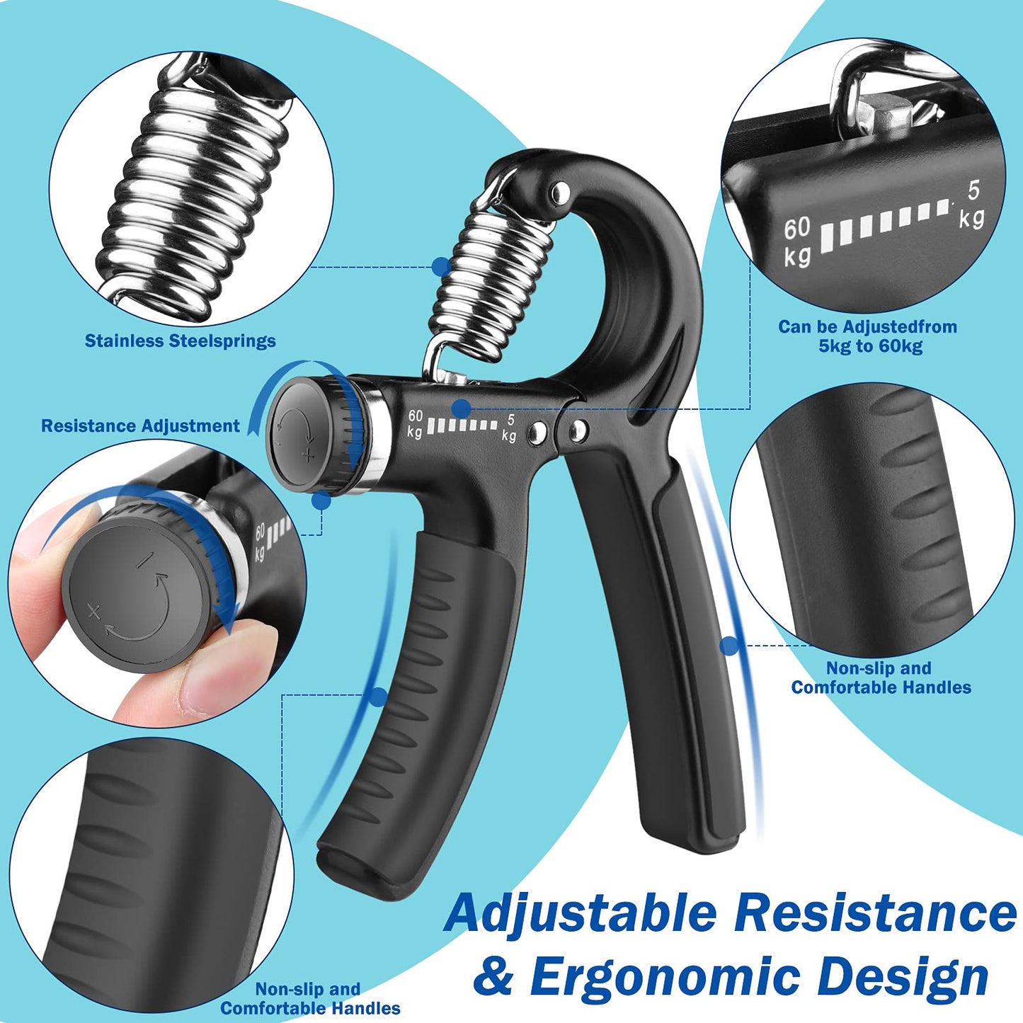 Grip Strength Trainer 2 Pack, Hand Grip Exerciser Strengthener with Adjustable Resistance 11-132 Lbs (5-60kg), Forearm Strengthener, Hand Exerciser for Muscle Building and Injury Recover Black