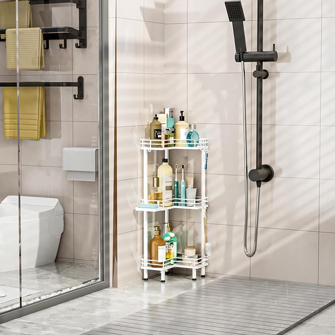 HapiRm Corner Shower Caddy Standing - 3 Tier Shower Organizer Corner with Soap Holder, Rustproof Bathroom Standing Organizer with 4 Hooks, White