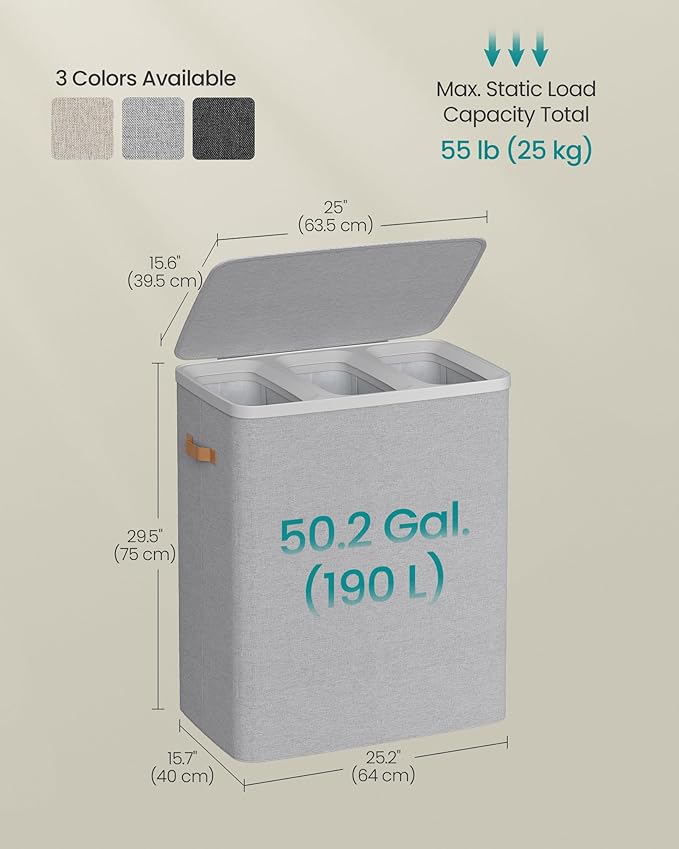 SONGMICS Laundry Basket, 50.2 Gal. Laundry Hamper, 3 Compartments, Easy Assembly, with Lid and Handles, Removable Liners, 25.2 x 15.7 x 29.5 Inches, Dove Gray ULCB814GD01