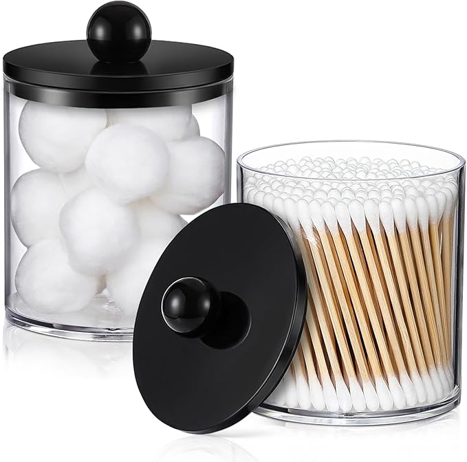 2 Pack Acrylic Qtip Holder Dispenser for Cotton Swabs, Balls, Pads, Floss - Plastic Canister Apothecary Jar Set, Bathroom Essentials Accessories Decor Vanity Makeup Storage Organizer - Clear & Black