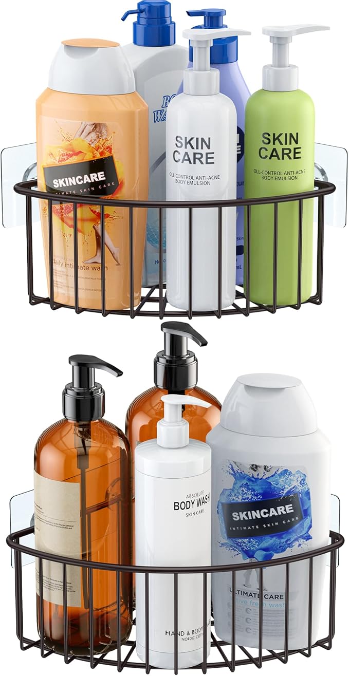 SMARTAKE 2-Pack Corner Shower Caddy Deep Basket Design, SUS304 Stainless Steel, Wall Mounted Bathroom Shelf with Adhesive, Storage Organizer for Toilet, Dorm and Kitchen (Bronze)