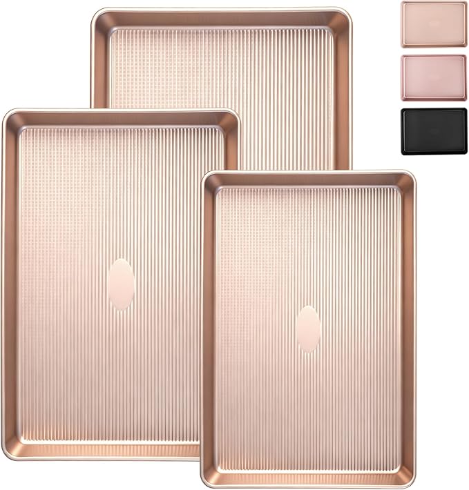 Sakerplus Nonstick Baking Sheet Pan Set of 3, Heavy Duty Cookie Sheets for Oven, 0.6mm Thick Quarter Size & Half Size & Jelly Roll Pan, Rustproof & Easy Clean with Textured Surface(Black)