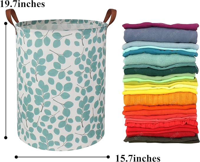 HIYAGON Laundry Baskets,Canvas Fabric Laundry Hamper,Collapsible Toy Storage Organizer Bins,Gift Basket for Bedroom, Clothes, Nursery,Kids,Boys (Eucalyptus leaves)