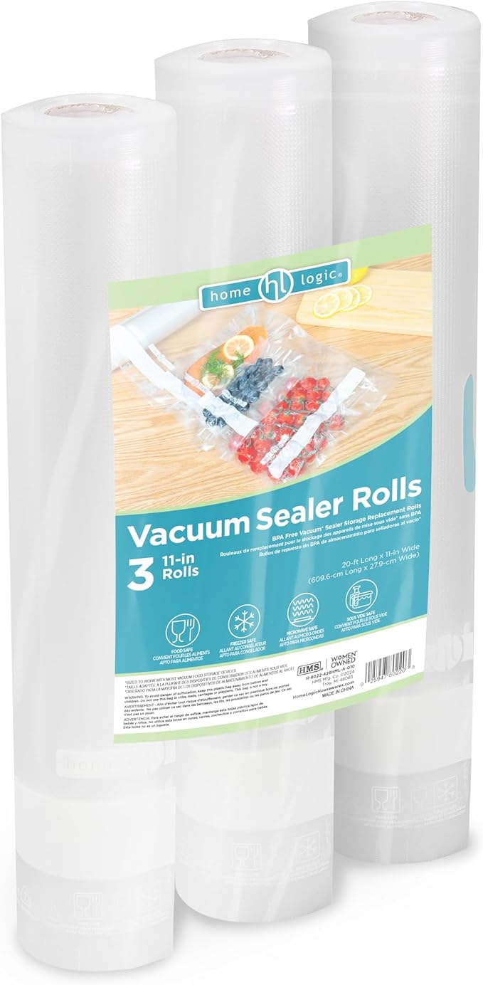 Home Logic Vacuum Bags for Food Sealer Rolls 11 and 8 Inch 20 FT Combo Pack for Freezer and Sous Vide - Microwave Safe Combo Pack Rolls (2-8x20, 3-11x20) Clear
