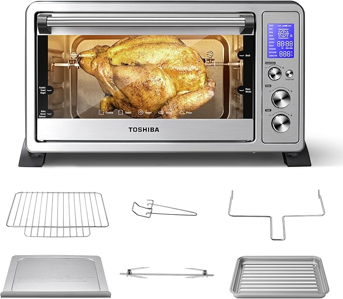 TOSHIBA AC25CEW-BS Large 6-Slice Convection Toaster Oven Countertop, 10-In-One with Toast, Pizza and Rotisserie, 1500W, Black Stainless Steel, Includes 6 Accessories