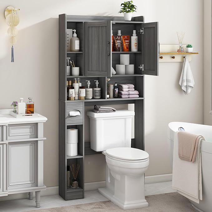 Vabches Over The Toilet Storage Cabinet, Farmhouse Storage Cabinet Over Toilet with Barn Door,Home Space-Saving Toilet Rack for Bathroom, Restroom and Laundry.(Wash Grey)