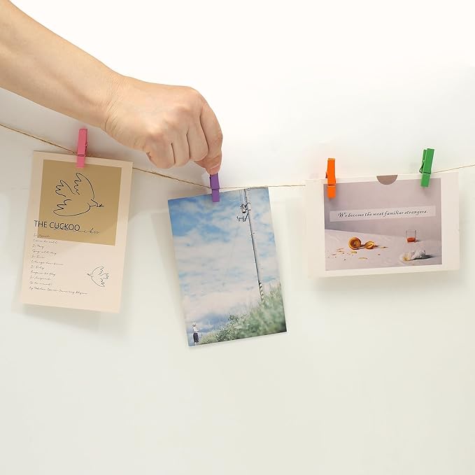 Mini Clothespins for Photos,100pcs Clothes Pins Wooden,Colorful Clothespins with Jute Twine, Small Clothes Pins Tiny Clothespins for Photos, Crafts, Pictures
