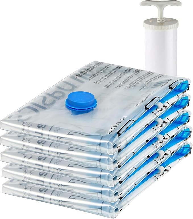 Vacuum Storage Bags, Compression Space Saving for Clothes and Linens, Reusable with Hand Pump, Large, Clear, 5-Pack
