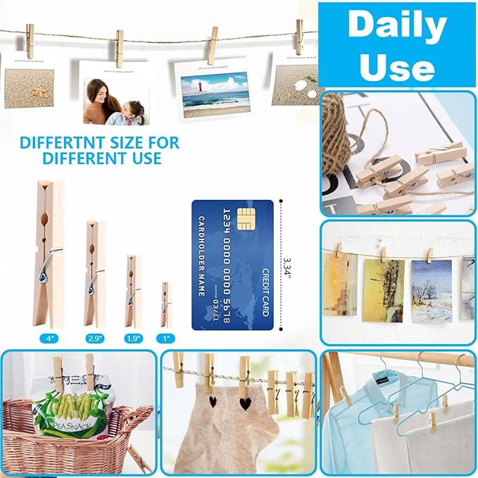 SenseYo 300 Pcs 2.9 Inch Wooden Clothespins Clips for Hanging Clothes, Craft, Home