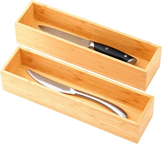 Umilife Bamboo Kitchen Utensils Organizer, Extra High Silverware Drawer Holder, Flatware Cutlery Storage Box, Multi-Use Drawer Divider in Office, Bathroom, Pantry - 12"x6"x2.5" (Set of 2)