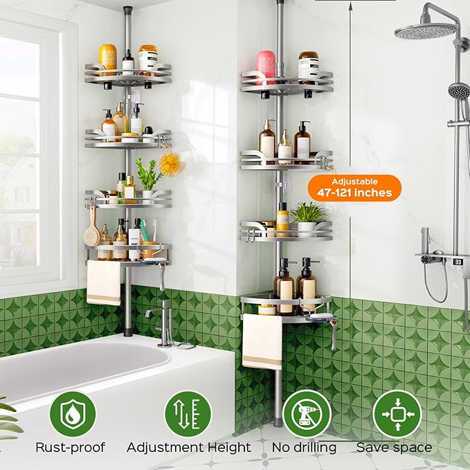 HAMITOR Shower Caddy Tension Pole:4-Tier Rustproof Bathroom Corner Shelf for Renters - 47-121inches Adjustable Bathtub Organizer with Soap Holder-large capacity rack for Shampoo Storage Home Accessory