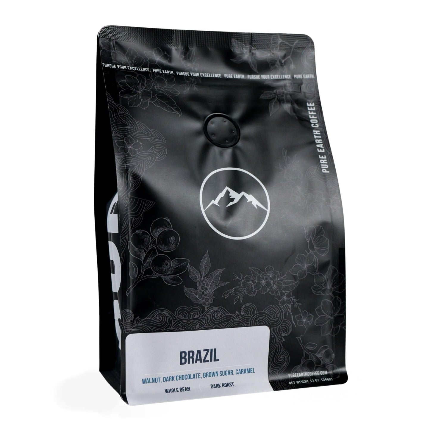 PURE EARTH COFFEE CO. Whole Bean Coffee, Brazil Single-Origin Beans, Dark Roast, Bold Gourmet Specialty Grade Coffee, Chocolate, Walnut, Bold and Smooth Flavor Notes 12oz