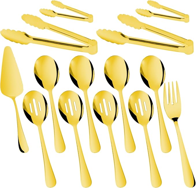 14PCS Serving Utensils - Hostess Serving Utensils Set, Premium Stainless Steel 8.7 inch Serving Utensils, Slotted Spoons, Fork, Tongs, Cake Pie Server for Buffet, Wedding, Dinner (Silver)
