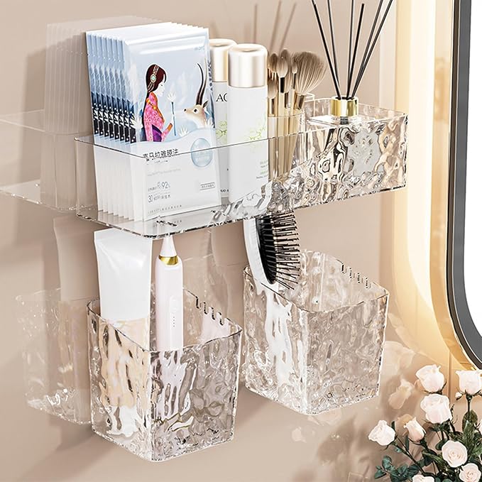 Wall Mounted Bathroom Caddy Organizer, Adhesive Shower Shelf for Inside Shower Caddy Plastic Bathroom Organizers and Storage for Wall, Makeup, Bath, Home Decor, No Drilling (Clear)