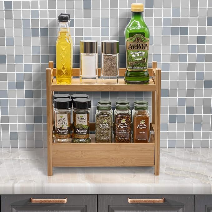Sorbus Bamboo Bathroom Counter Organizer – 2-Tier Shelf with Hidden Drawer for Vanity, Matcha Station, Bathroom Sink Organizer Countertop, Kitchen & Office Storage (13″ L x 6.5″ W x 12.6″ H)