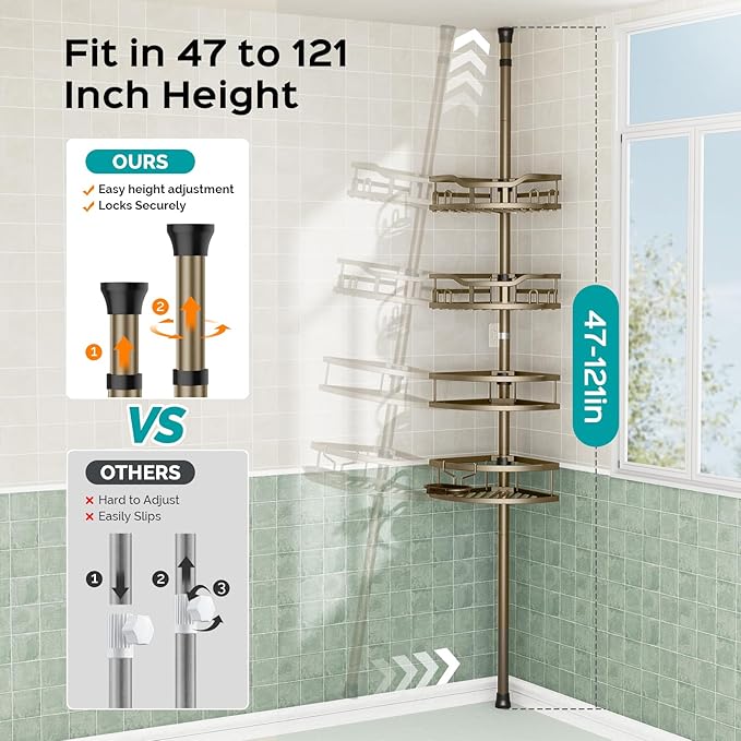 HAMITOR Corner Shower Caddy Tension Pole: Rustproof 4-Tier Bathroom Organizer Shelves for Bathtub Shampoo Storage - 47-121 Inch Quick Install Adjustable Rod Standing Rack with Soap Rack - Matte Gold