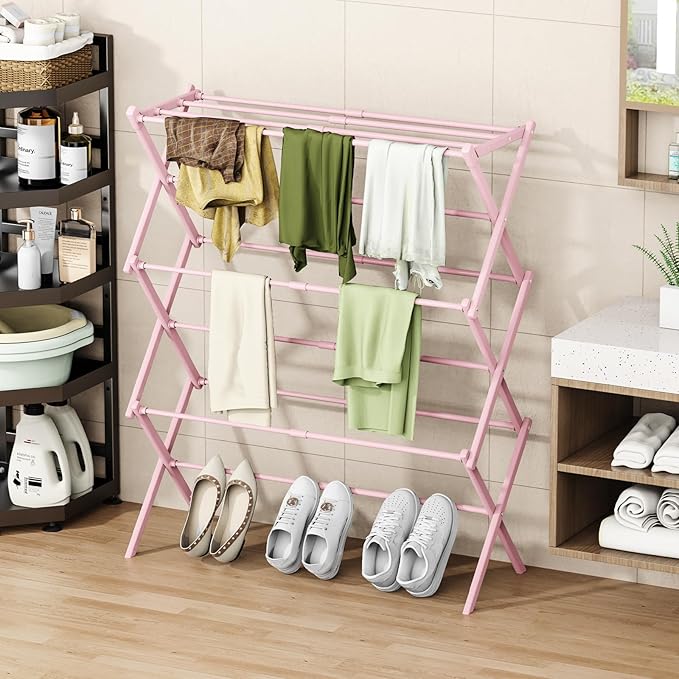 Foldable Drying Rack Clothing, 3-Tier Portable Clothes Drying Racks for Indoor & Outdoor, Anti-Rust Compact Laundry Rack Collapsible, Pink 28" D x 10" W x 35" H